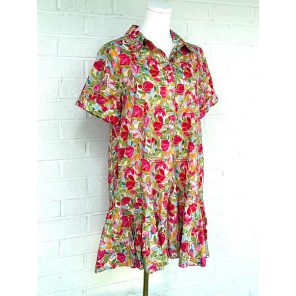 Entro Floral Button Dress Multicolor Collared Short Sleeve Tiered Hem Boho M - Picture 6 of 8